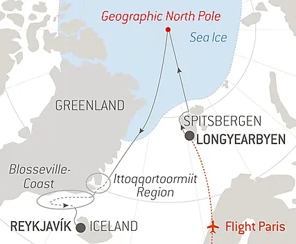 The Geographic North Pole and the east coast of Greenland