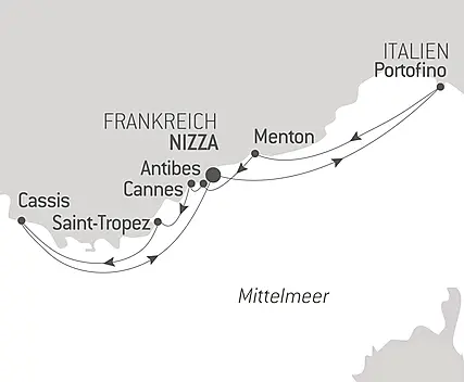 Reiseroute - Die Côte d‘Azur unter den Segeln der Le Ponant  