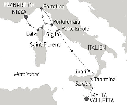 Reiseroute - Korsika, italienische Küsten und Malta