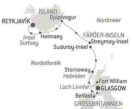 Reiseroute - Wilde Landschaften in Schottland, auf den Färöer und Island