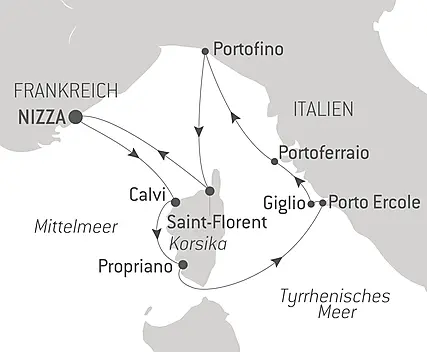 Reiseroute - Korsika, die Insel der Schönheit, und die Küsten Italiens