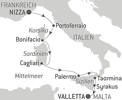 Reiseroute - Mediterranean Island Voyage: Sicily, Sardinia, Corsica, and Elba – with Smithsonian Journeys