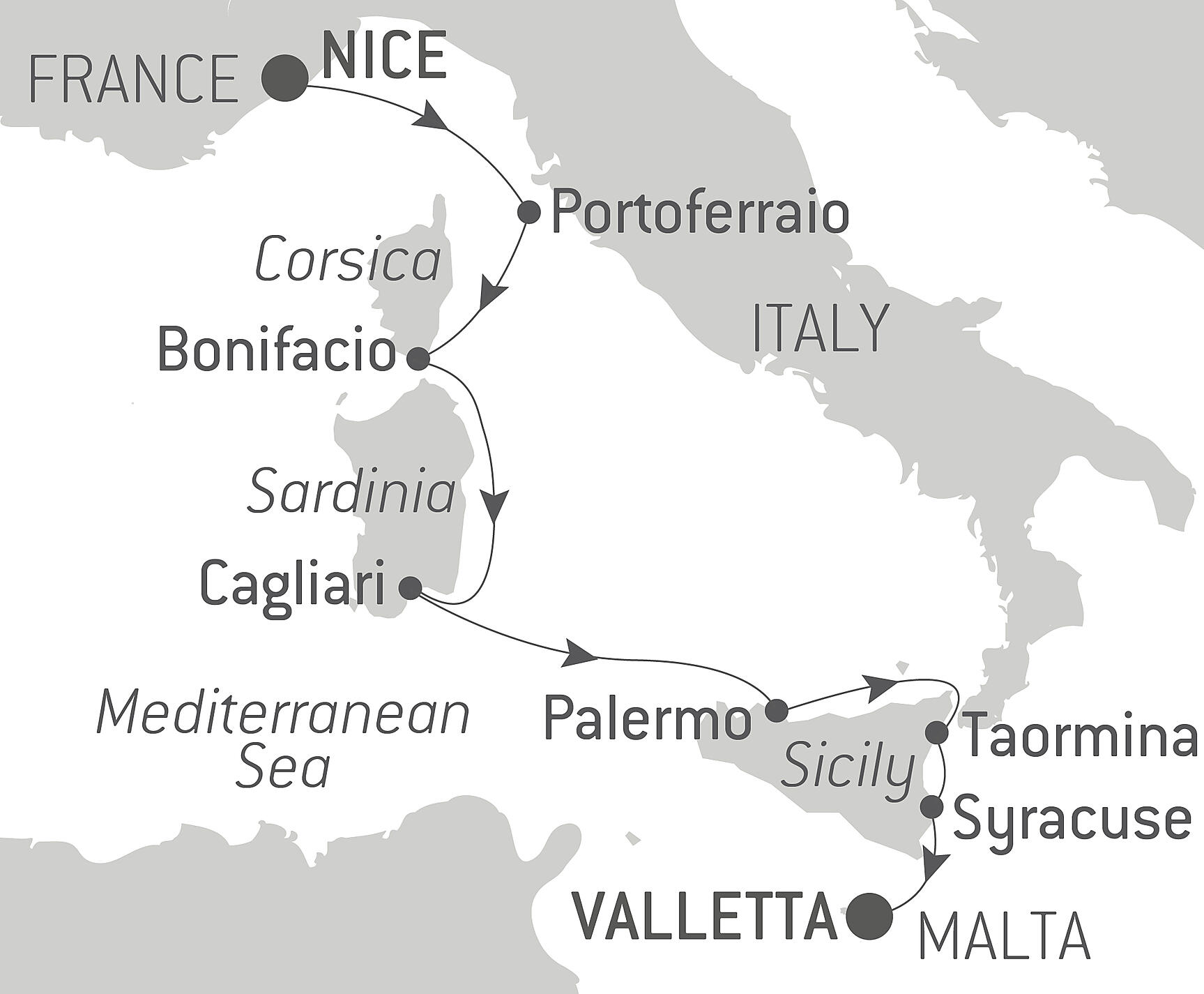 Mediterranean Island Voyage: Sicily, Sardinia, Corsica, and Elba – with Smithsonian Journeys Itinerary Map