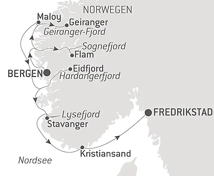 Reiseroute - Norwegens legendäre Fjorde