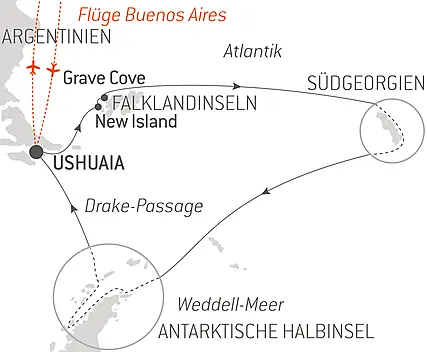 Reiseroute - Antarktis, Falklandinseln & Südgeorgien 