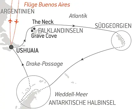 Reiseroute - Antarktis, Falklandinseln & Südgeorgien 