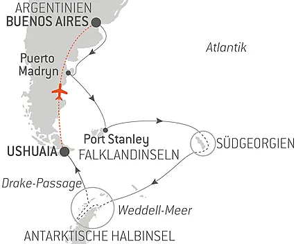 Reiseroute - Abenteuer durch das Südpolarmeer bis zur Halbinsel Valdés 