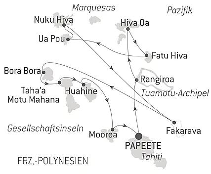 Reiseroute - Marquesas, Tuamotu und Gesellschaftsinseln