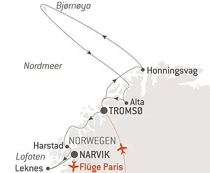 Reiseroute - Polarlichter, vom Nordkap bis zu den Lofoten