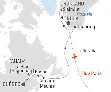 Reiseroute - Zum Ende des Winters, vom Sankt-Lorenz-Strom nach Grönland