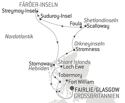 Reiseroute - Schottische Archipele und die Färöer, zwischen nordischem Erbe und Inselwelten