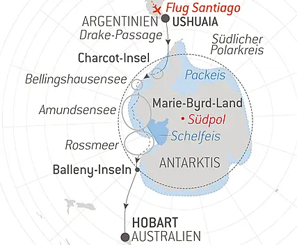 Reiseroute - Halbrundung Antarktis – Entdeckung der Westküste