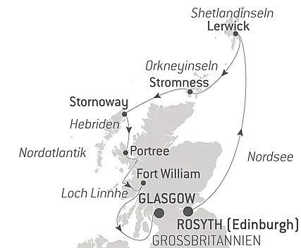 Reiseroute - Shetland, Orkney und Hebriden