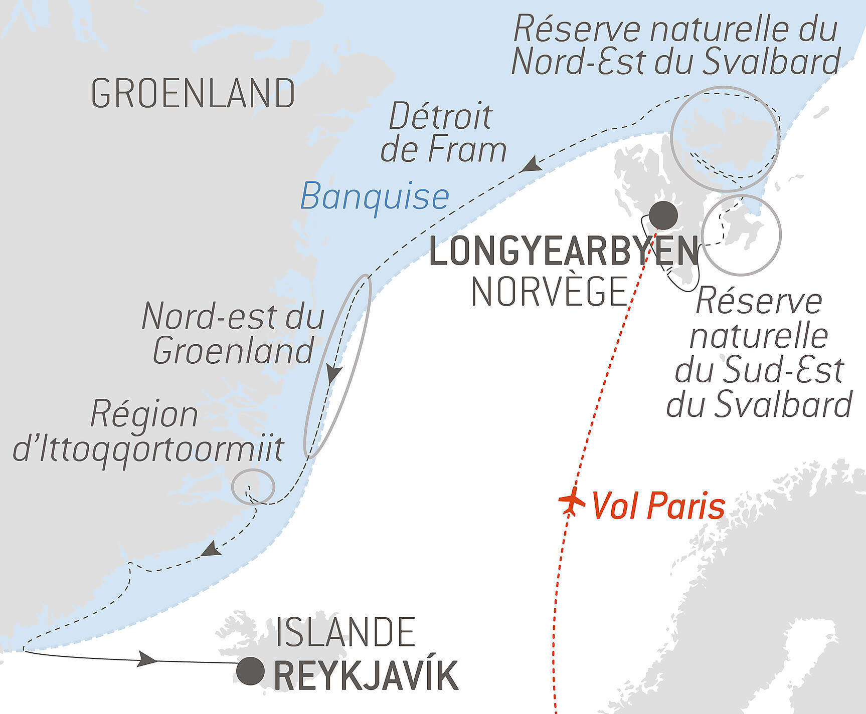 In the ice of the Arctic, from Svalbard to Greenland Itinerary Map