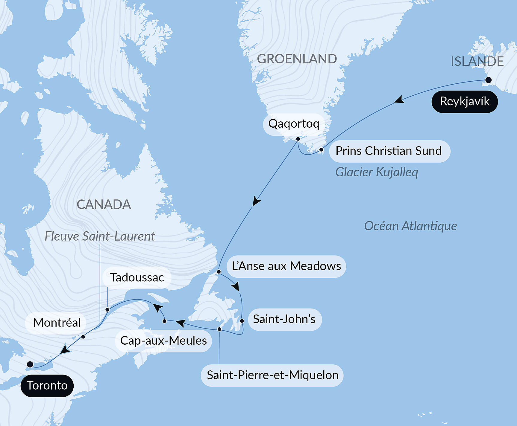 Exploration from Greenland to Canada via Saint Pierre and Miquelon Itinerary Map