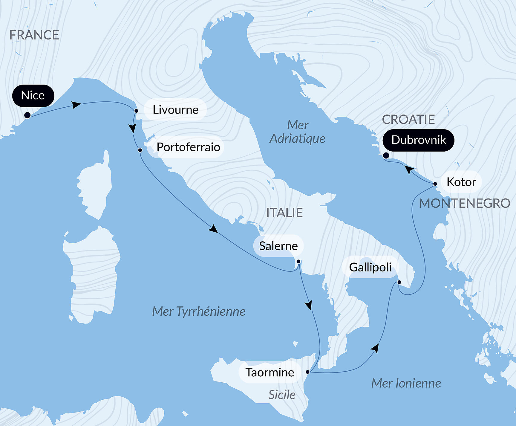 From the French city of angels to the shores of the Adriatic Itinerary Map