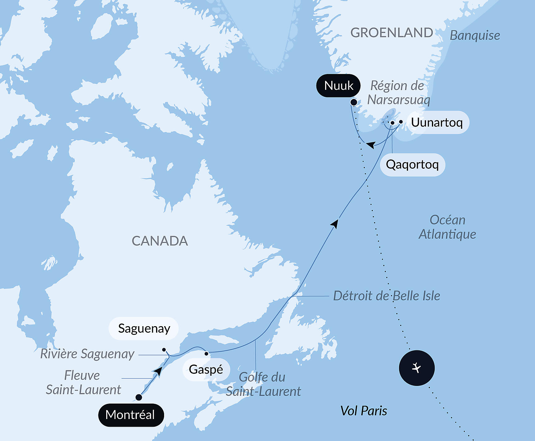 From the St Lawrence to Greenland, the Last Moments of Winter Itinerary Map
