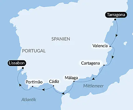 Reiseroute - Symphonie auf See: Entlang der Südküsten Spaniens und Portugals