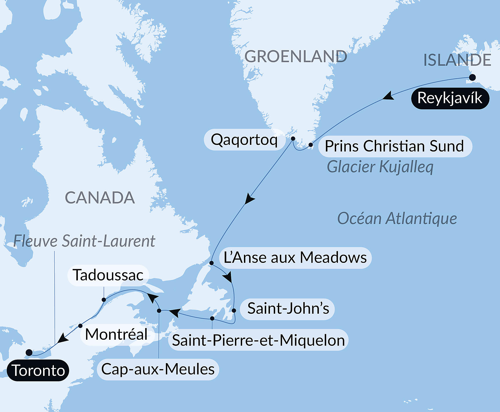 Exploration from Greenland to Canada via Saint Pierre and Miquelon Itinerary Map