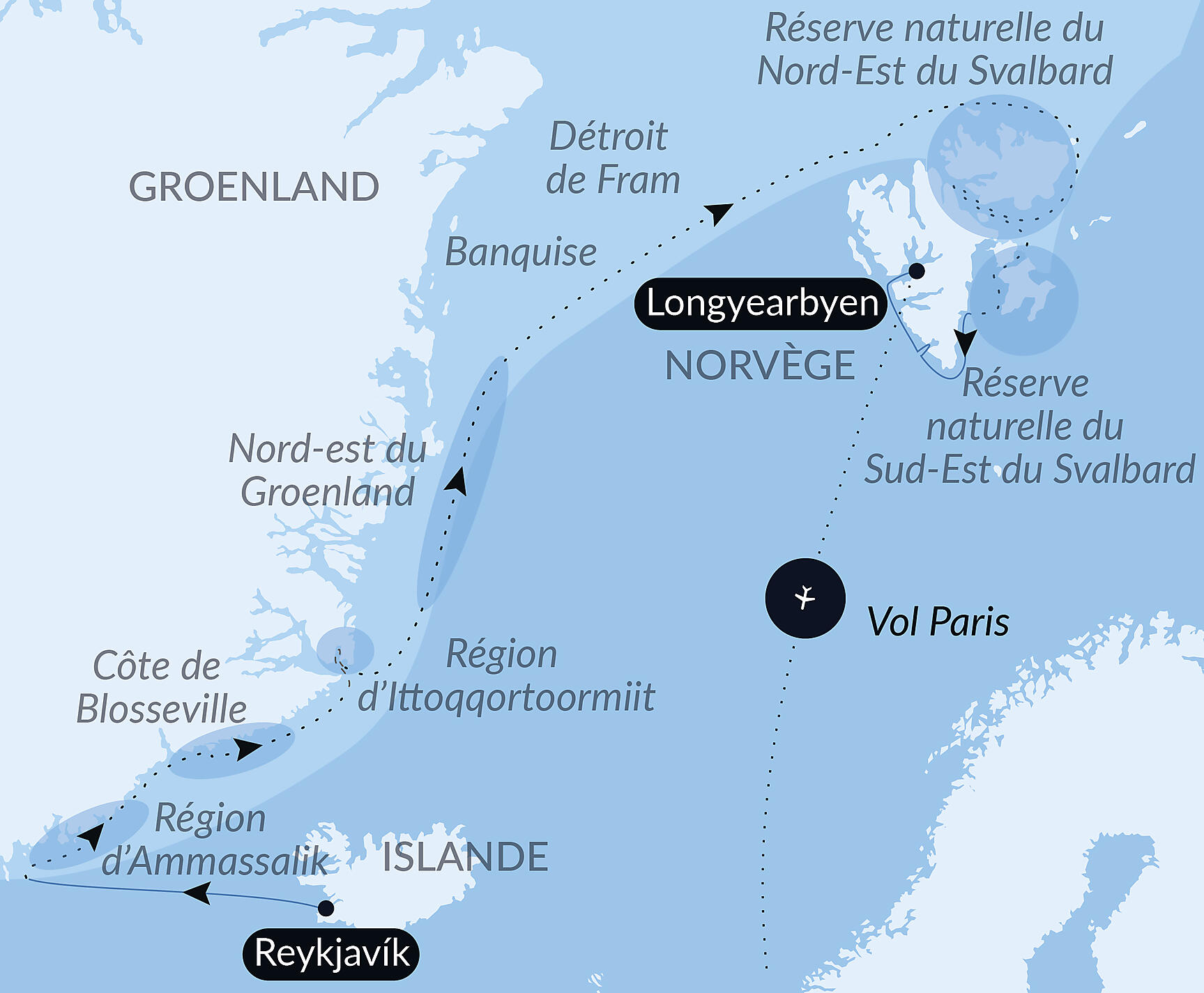 In the ice of the Arctic, from Greenland to Svalbard Itinerary Map