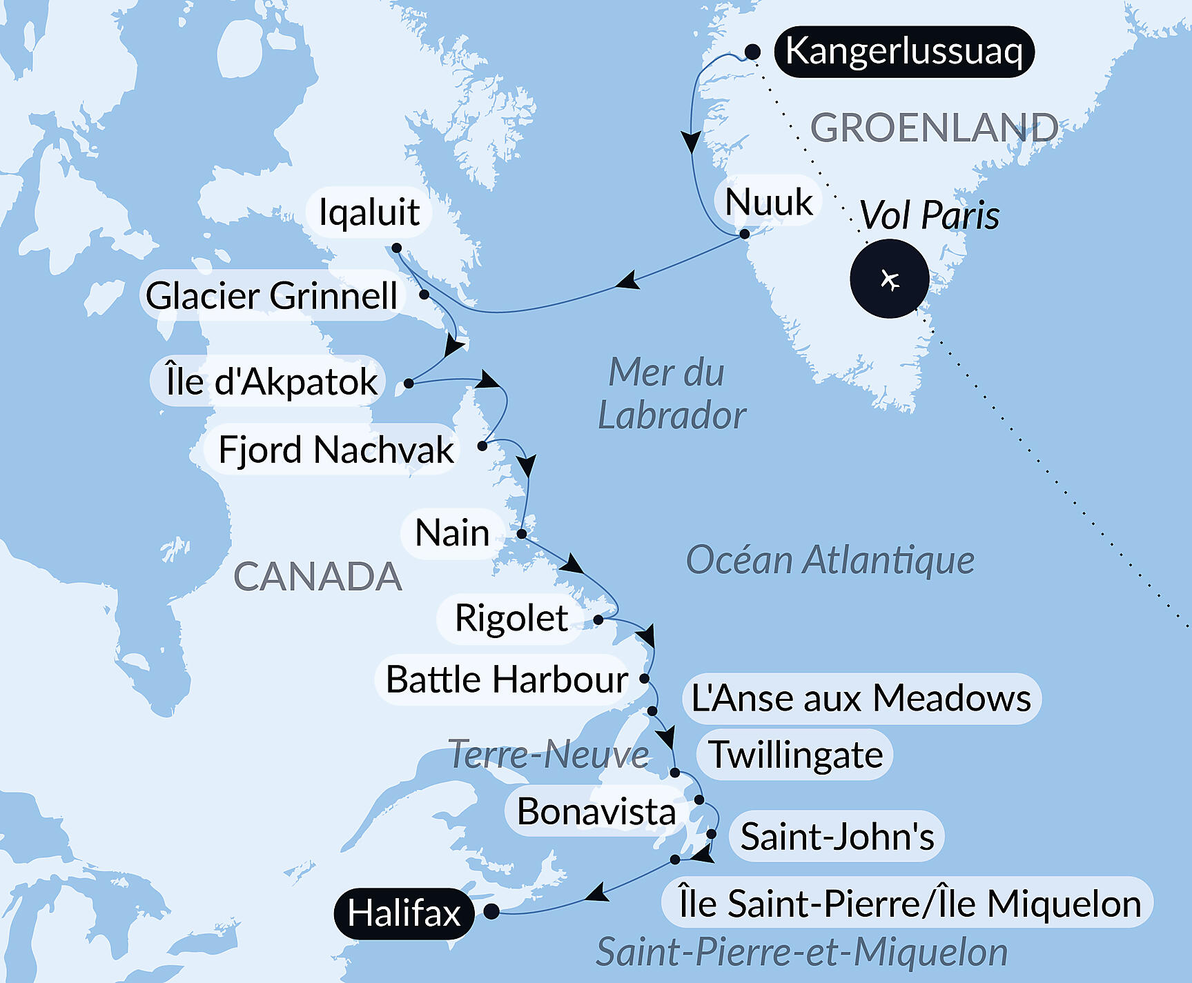 Wilderness from Greenland to the East Coast of Canada Itinerary Map