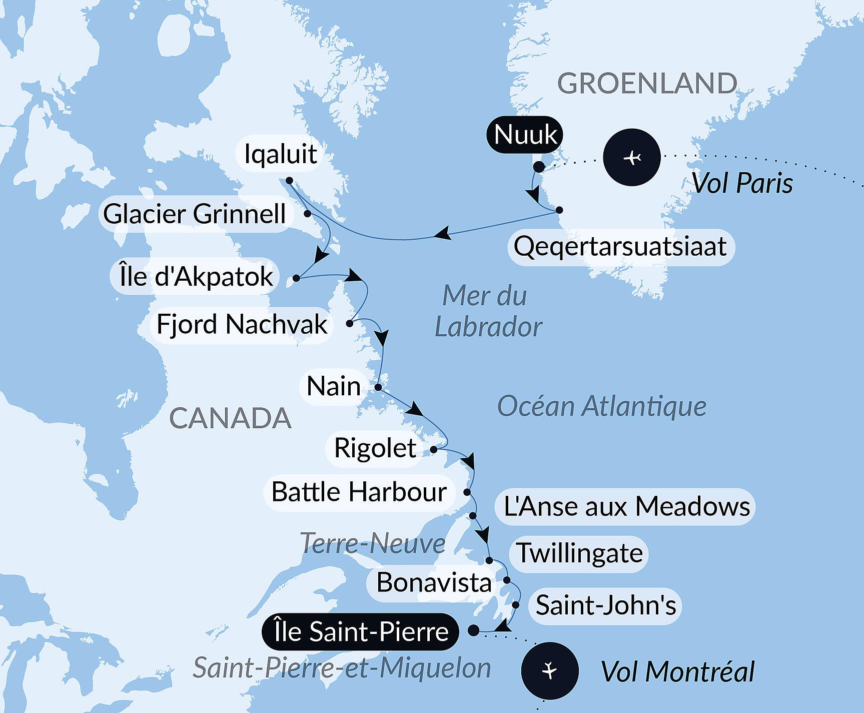 Wilderness from Greenland to the East Coast of Canada Itinerary Map