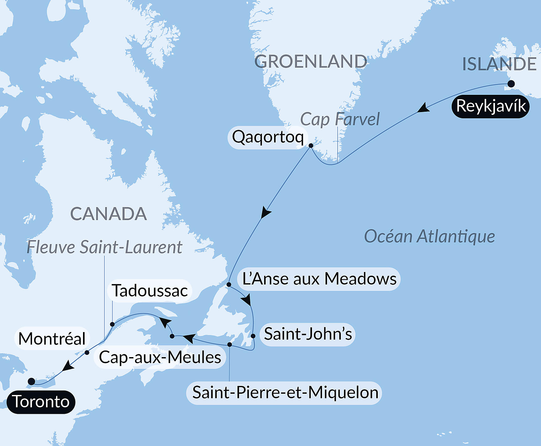 Exploration from Greenland to Canada via Saint Pierre and Miquelon Itinerary Map