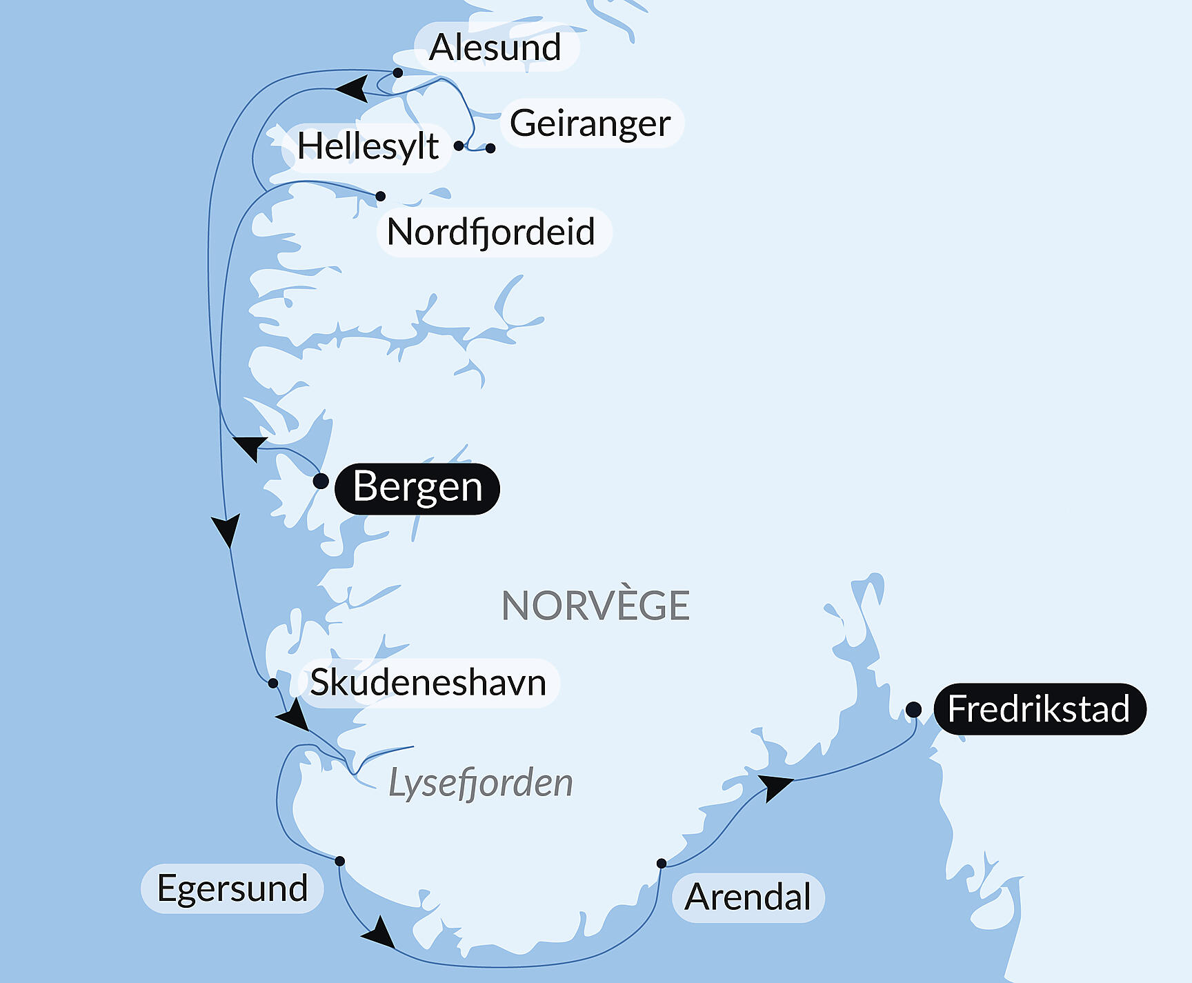 Norwegian fjords Itinerary Map