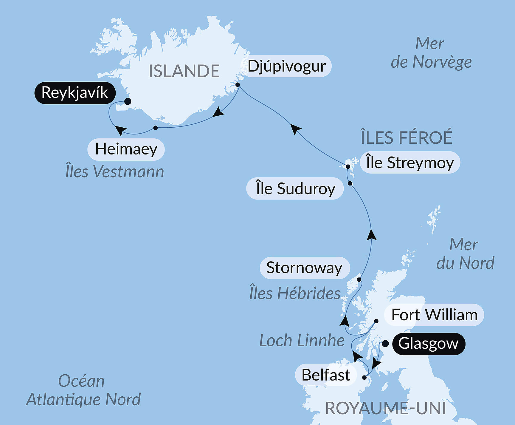 Wild lands of Scotland, the Faroe Islands and Iceland Itinerary Map