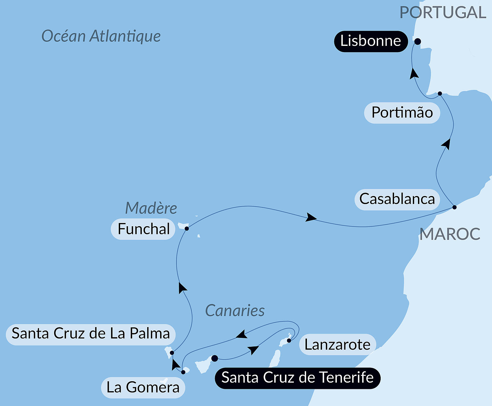 Volcanic islands and historic cities of the North Atlantic Itinerary Map