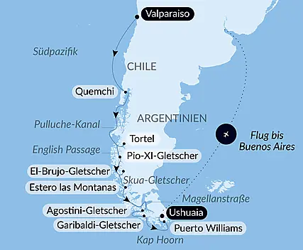 Reiseroute - Highlights der chilenischen Fjorde