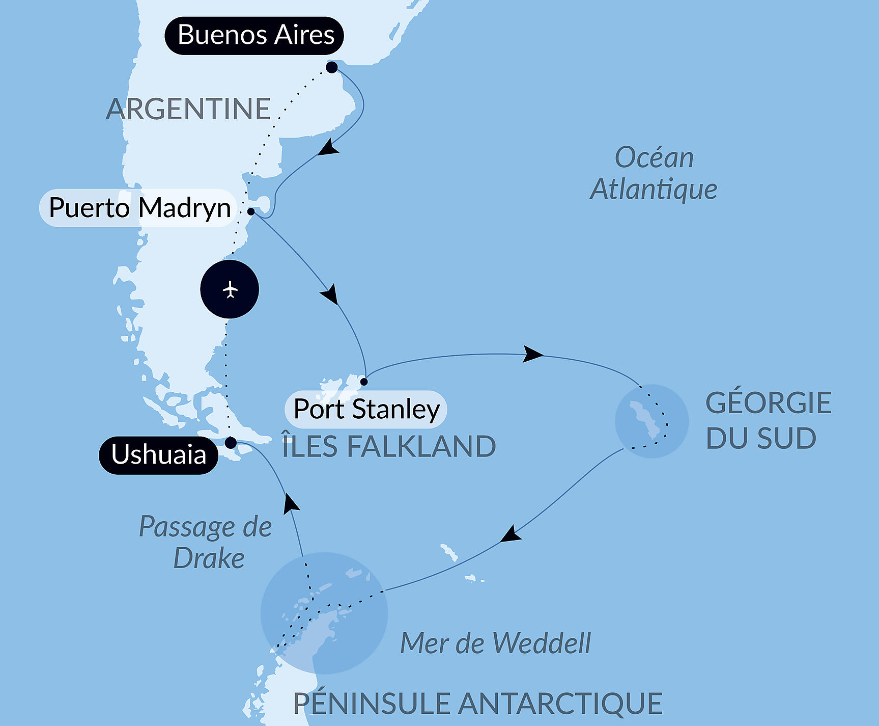 Journey to Austral Lands and Valdes Peninsula Itinerary Map
