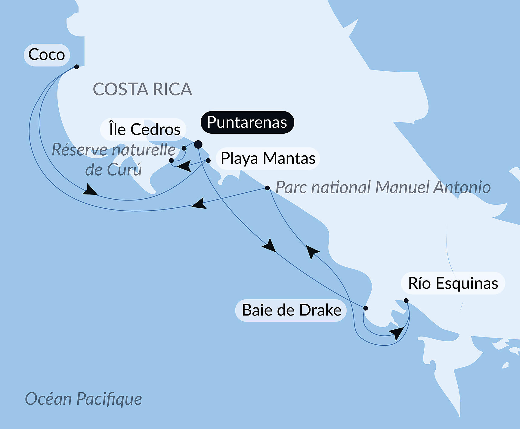 Pacific Coast of Costa Rica Itinerary Map
