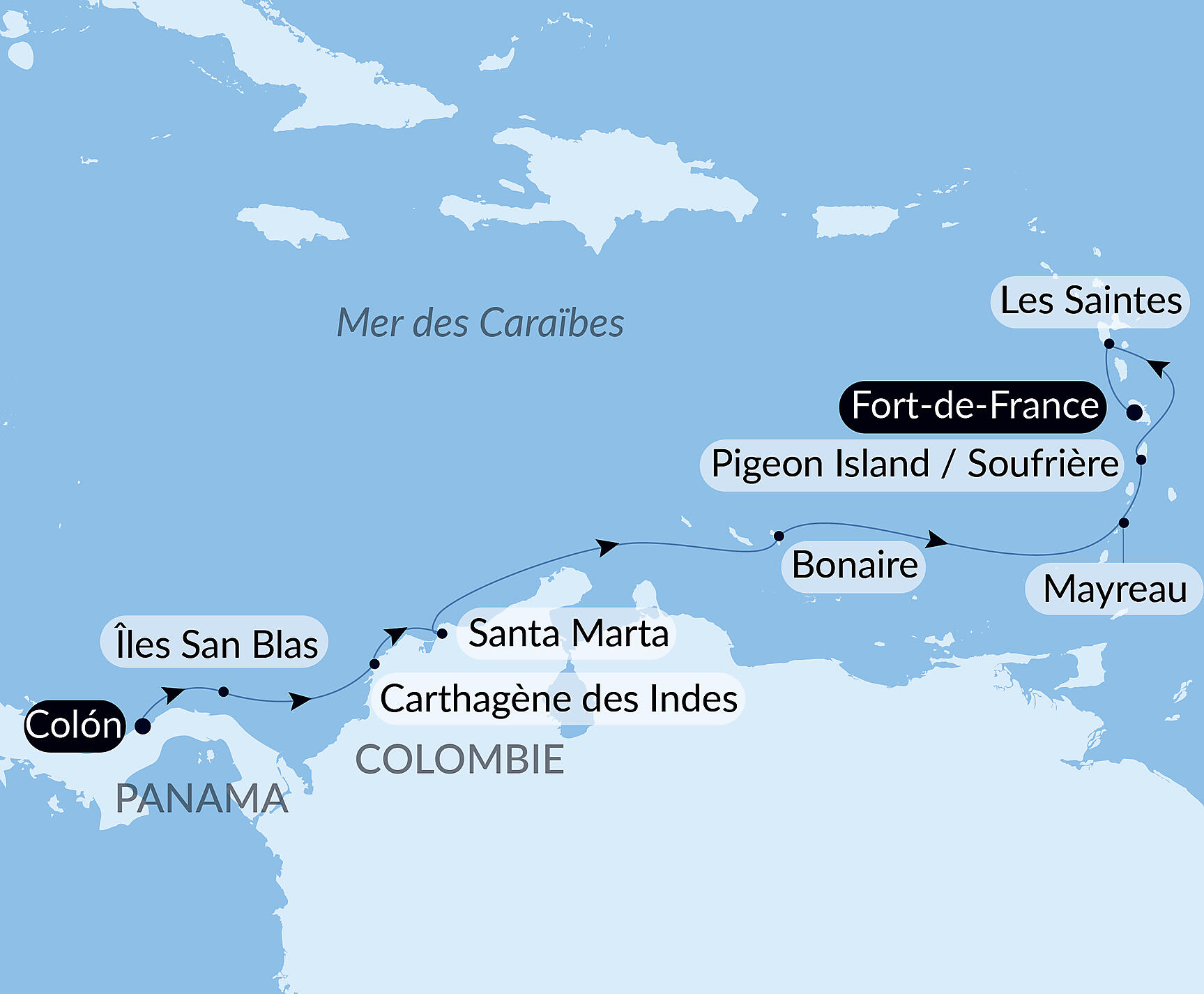 Panama, Colombia & Caribbean Islands Itinerary Map