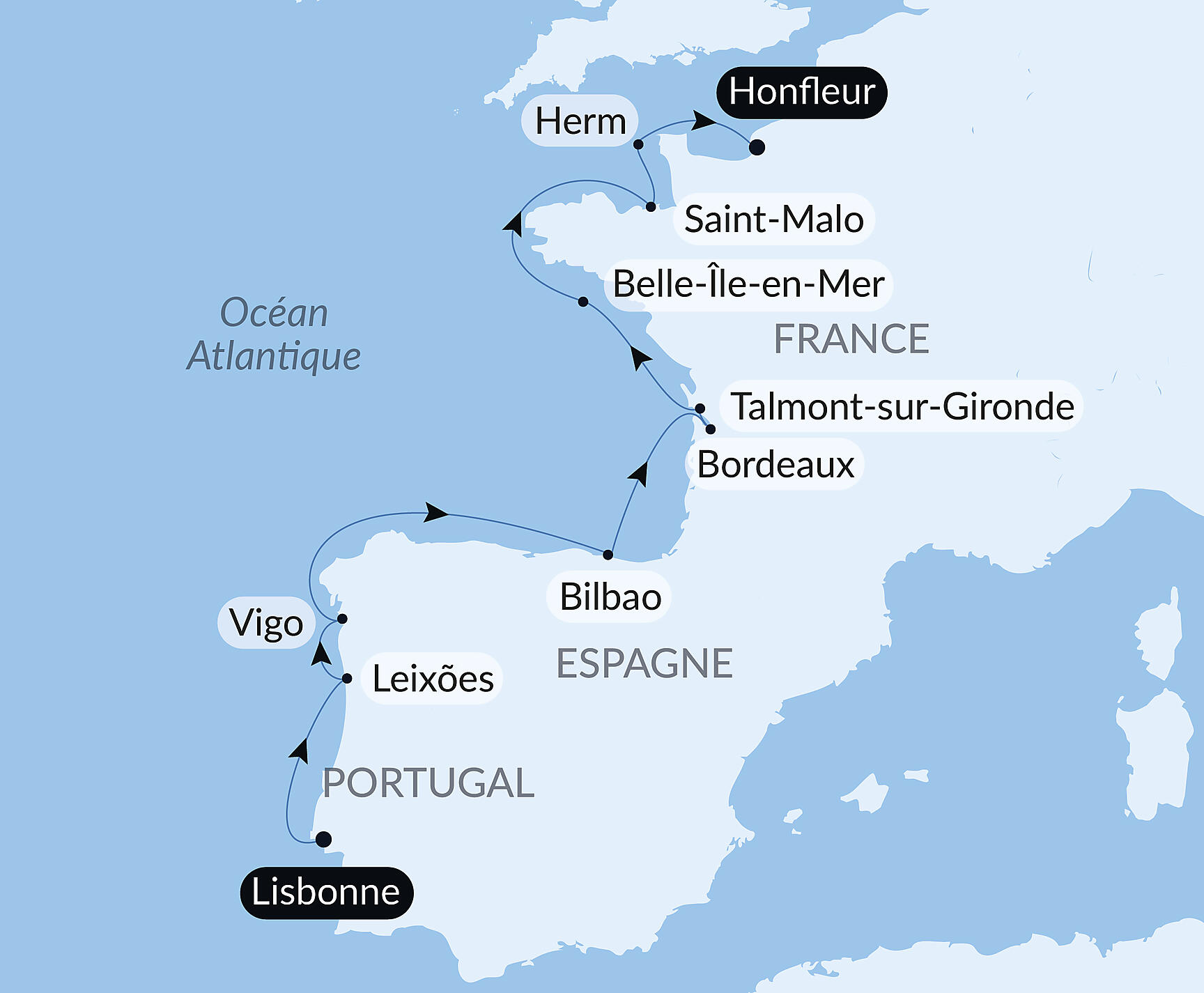 The Iberian Peninsula and Fortified cities of the Atlantic Itinerary Map
