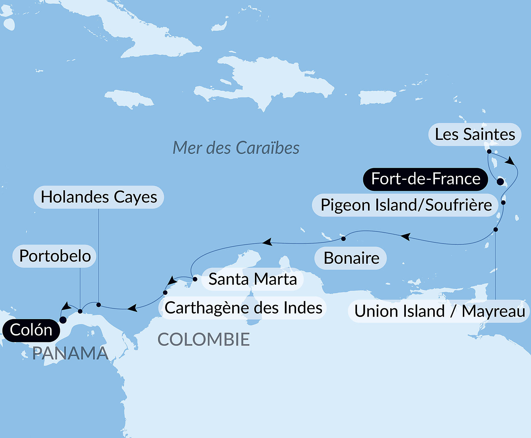 Panama, Colombia & Caribbean Islands Itinerary Map