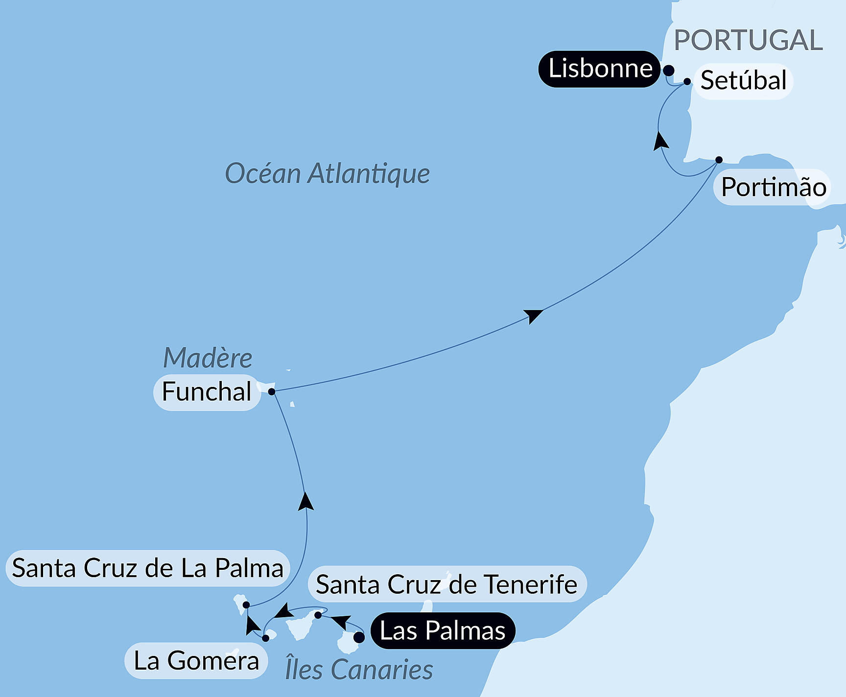 Volcanic islands and historic cities of the North Atlantic Itinerary Map